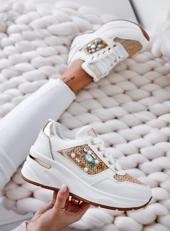 COOPER - White sneakers with fabric and jewel inserts