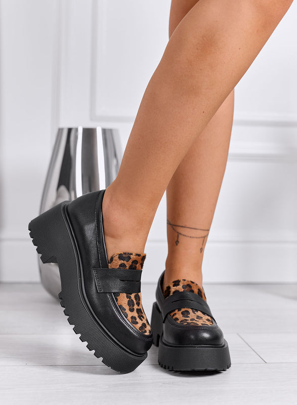 MICHELA - Black loafers with animal print and chunky sole