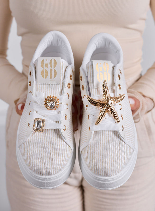 LINDA - White sneakers with gold jewel embellishments and platform sole