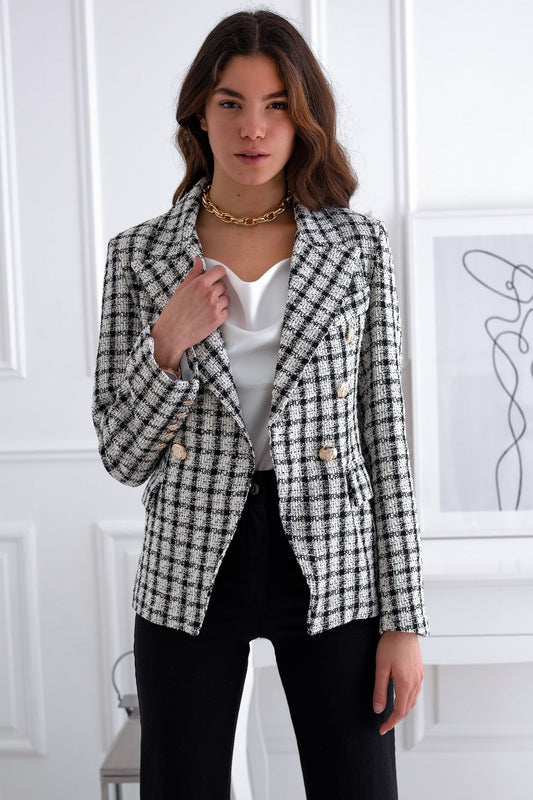 Black and white jacket with golden buttons