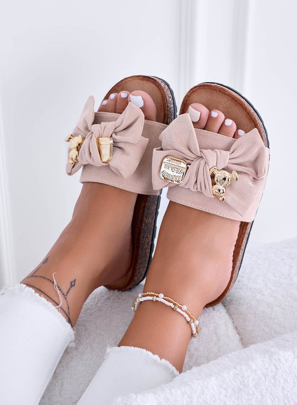 MARINA - Beige slipper sandals with bow and gold teddy