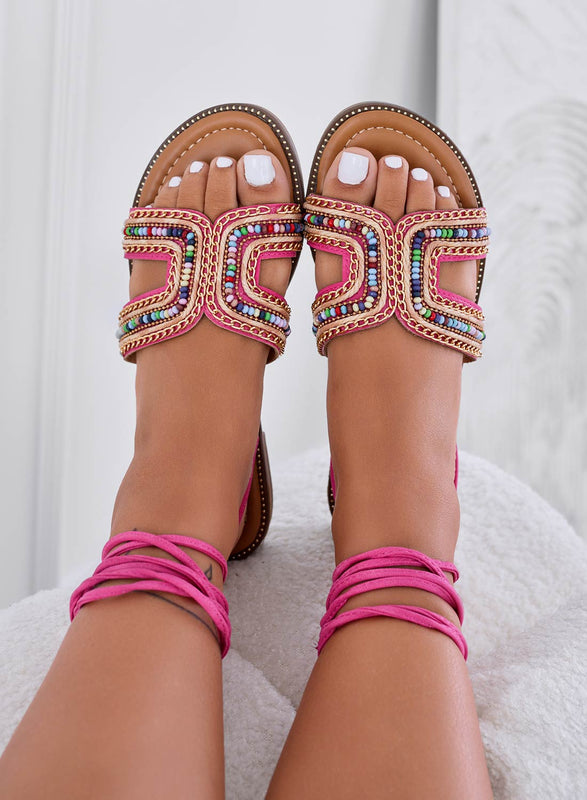 BOMBAY - Low fuchsia lace-up sandals with multicolor corals