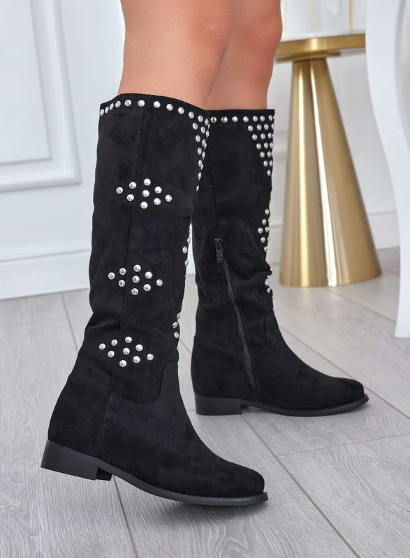 DIAMANTE - Black suede studded boots