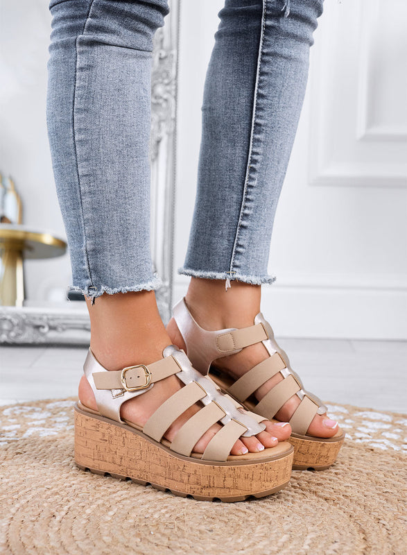 MATILDE – Beige wedge platform sandals with cork-effect sole
