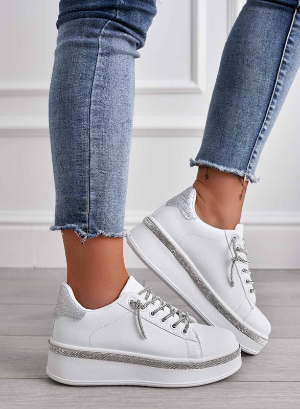 FRANKIE - White sneakers with silver jewel laces