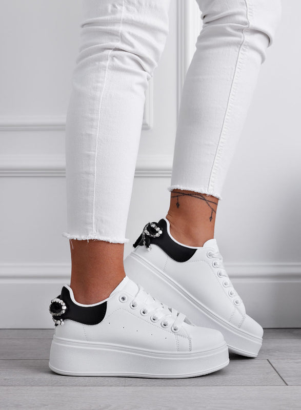 MILE - White sneakers with thick sole and rhinestone bow and black back