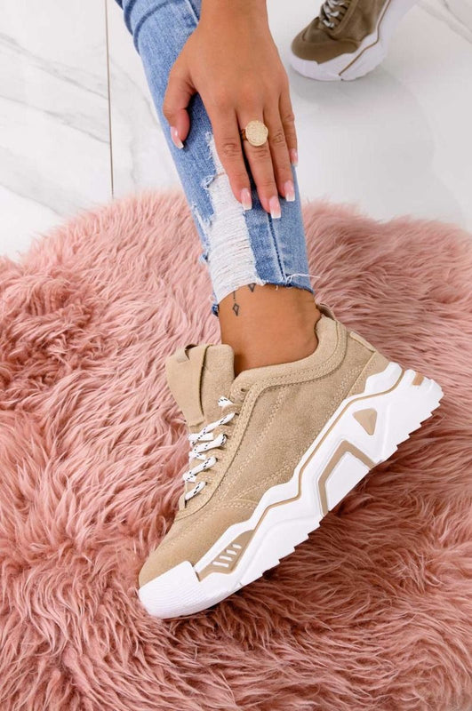 ROBIN - Beige suede sneakers with chunky sole and laces