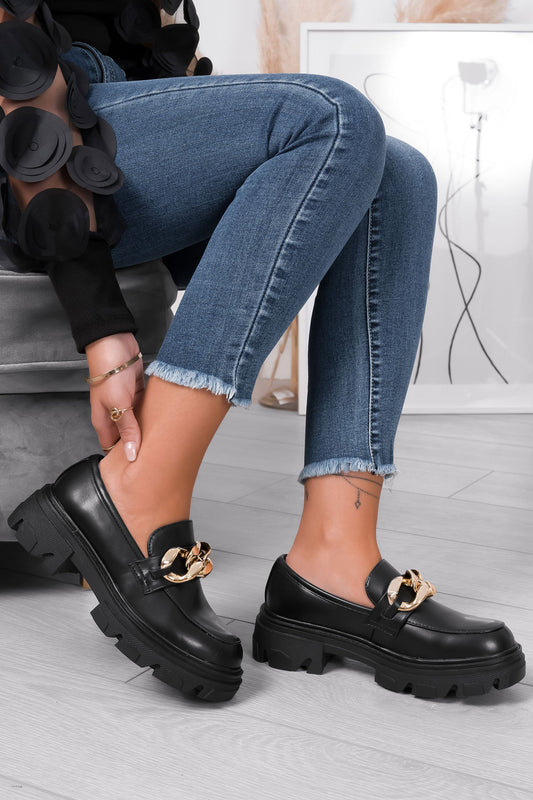 FEDERICA - Black loafers with chunky sole and golden chain