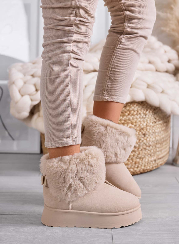 LIAA - Beige ankle boots for women, padded with soft faux fur