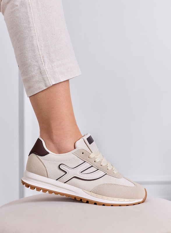 MONICA - Sneakers beige con inserti bianchi e lacci panna