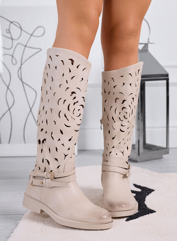 DIANA - Beige perforated women's boots with strap