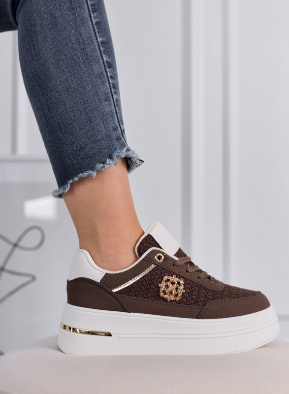 CLARA - Brown Platform Sneakers with Woven Inserts and Gold Details