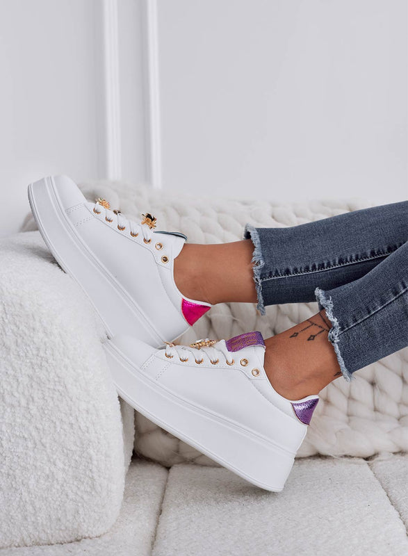 LIANA - White multicolor sneakers with thick sole and jeweled ladybugs