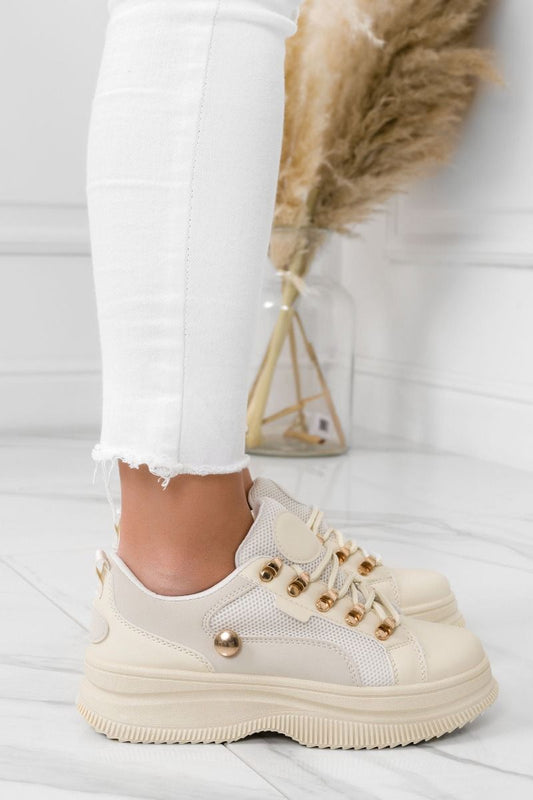 ELVIRA - Beige sneakers with golden button and hooks