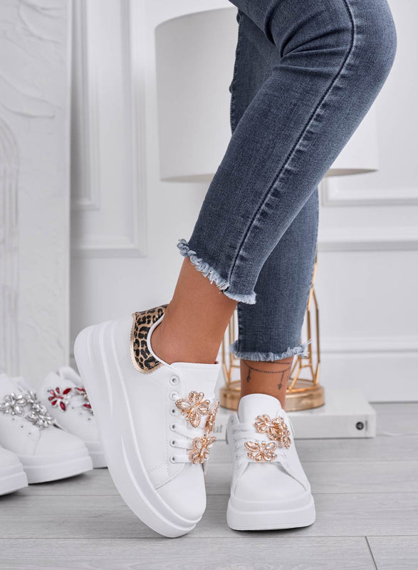 IRENE - White sneakers with leopard-print heel and gold jeweled butterflies