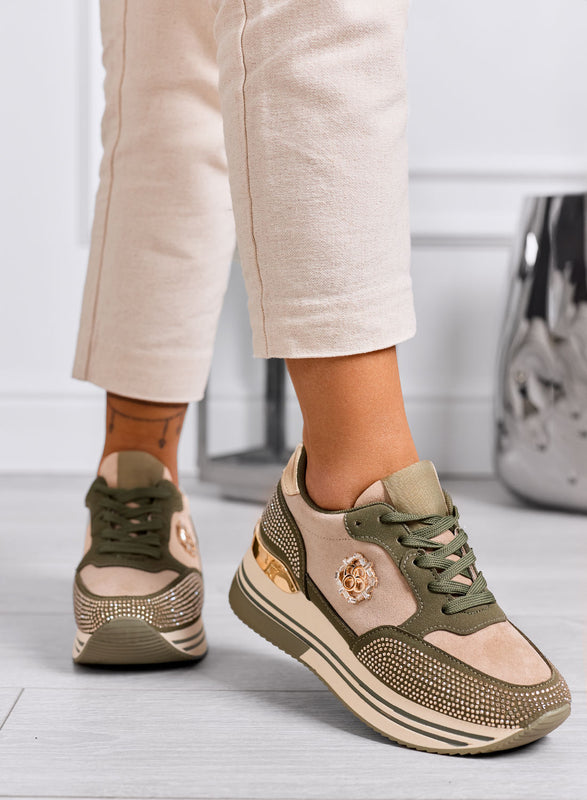 XIOMARA - Sneakers verdi platform con inserti oro e strass