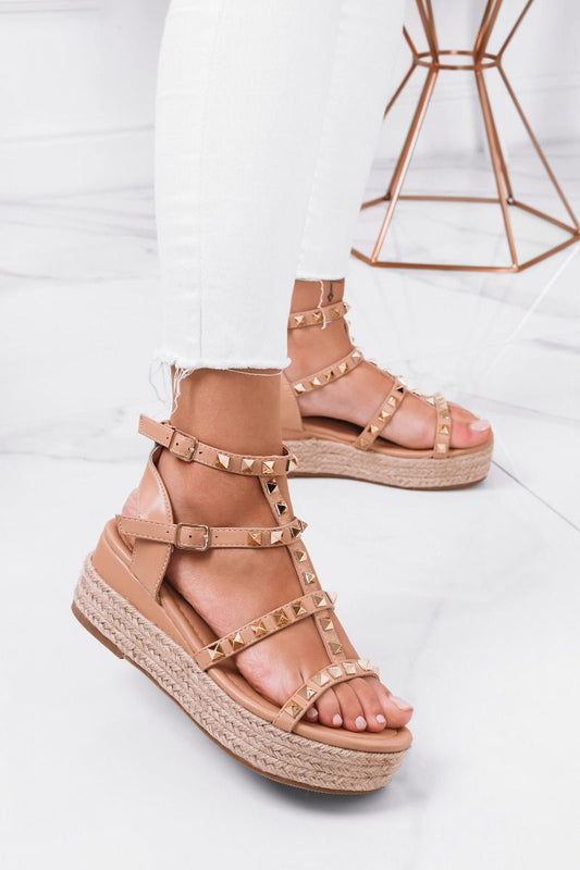 LOREEN - Beige espadrilles sandals with golden studs and wedge