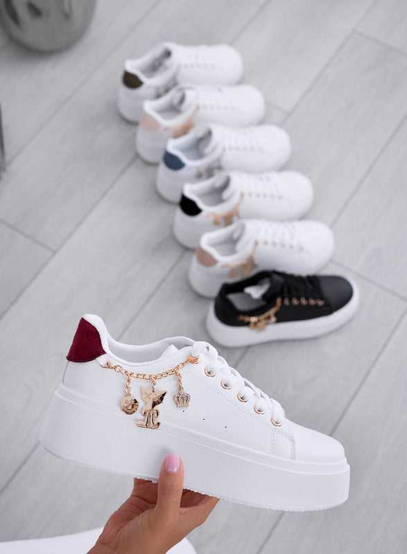 MARBELLA - White sneakers with burgundy back and gold charms