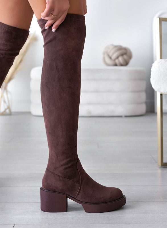 SLOANE - Alexoo Brown Suede Thigh High Boots