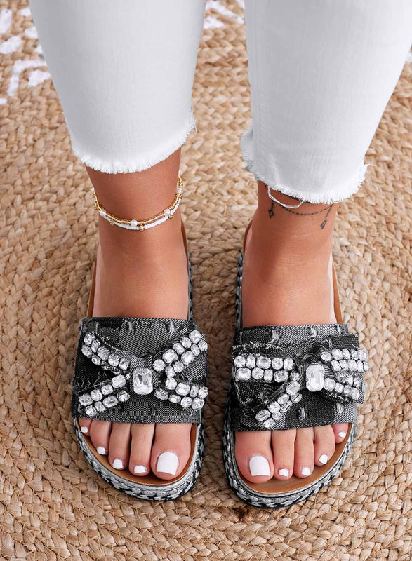 TERESA - Black jeweled denim slipper sandals