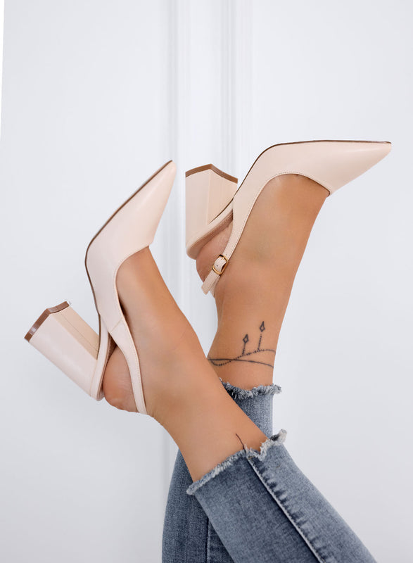 ANGELICA – Beige pointed slingback pumps with block heel