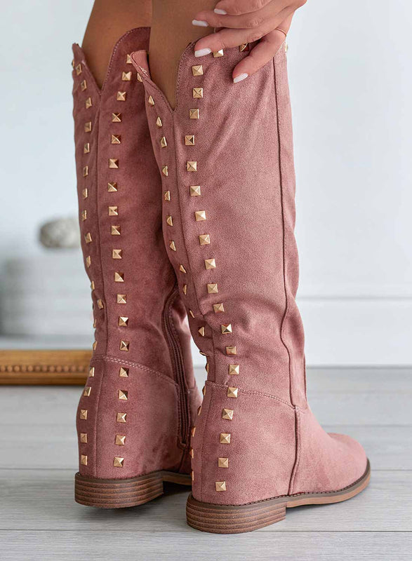 JANINE - Pink suede Alexoo boots with internal wedge and studs