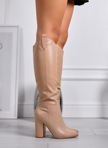 CASSIA - Beige high boots with block heel and pointed toe