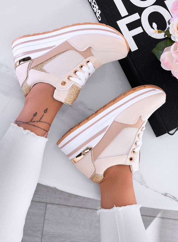 THEA - Beige sneakers with wedge and gold trim