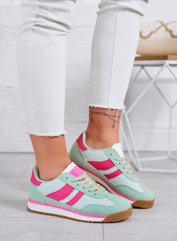 JUNO - Green fabric sneakers with fuchsia details and rubber sole