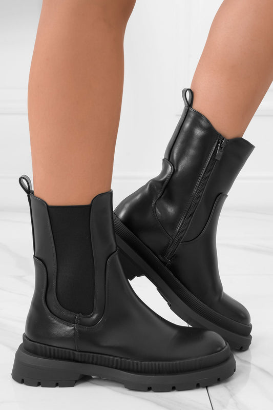 LETIZIA - Black faux leather ankle boots with side spring