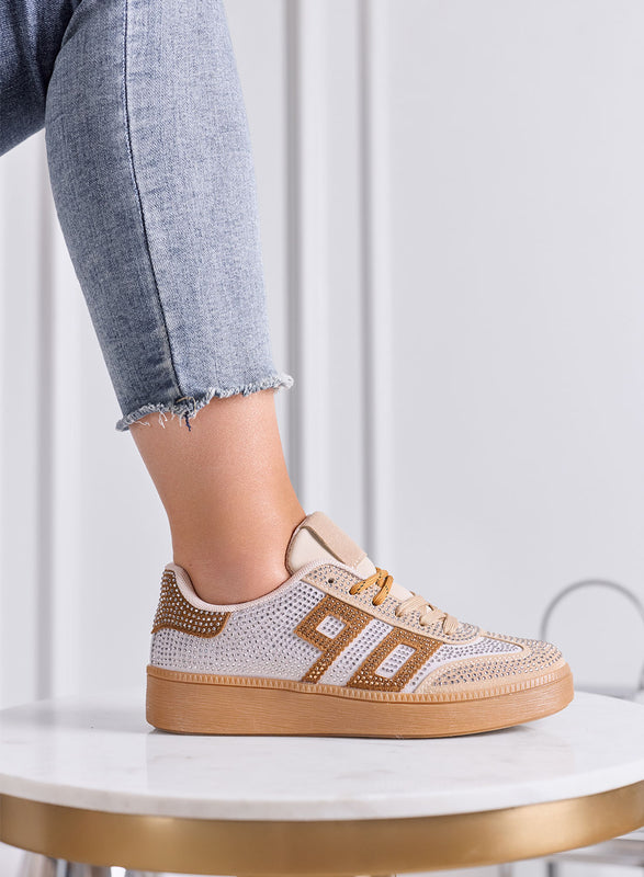 SIDNEY - Sneakers Donna Beige con Strass e Dettagli camel