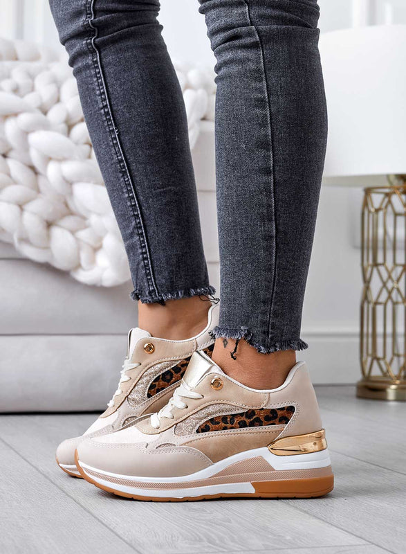 Beige sneakers with glitter and animal print inserts
