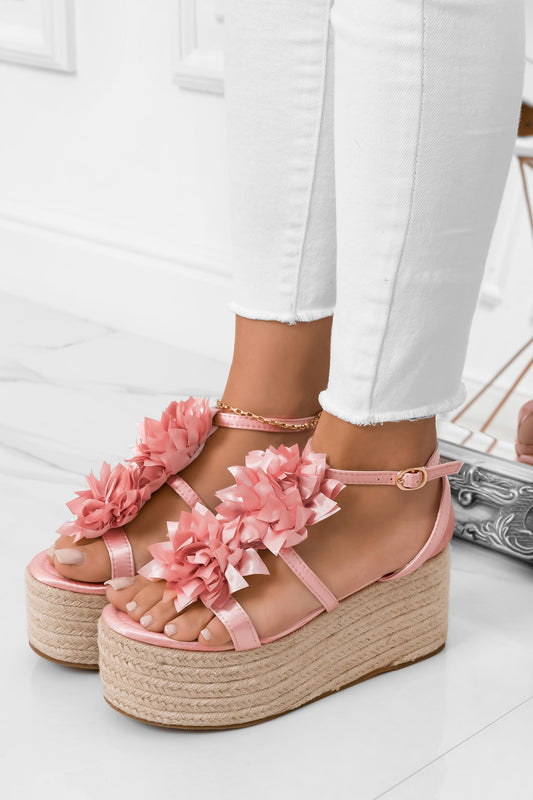 JANIS - Pink satin espadrilles sandals with wedge and flower detail