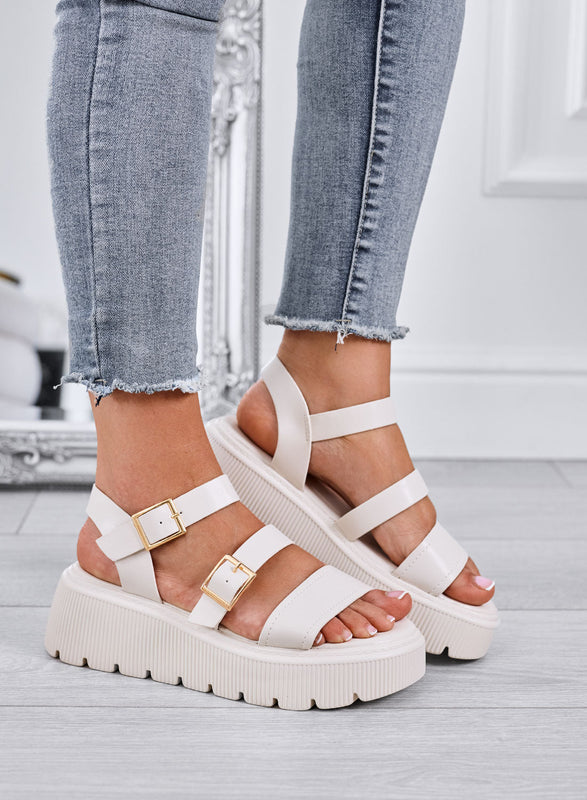MORA – Beige chunky sandals with double gold buckle and lug sole