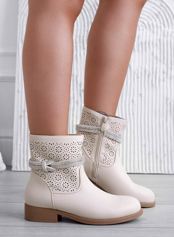 KATE - Beige perforated ankle boots with jewel band