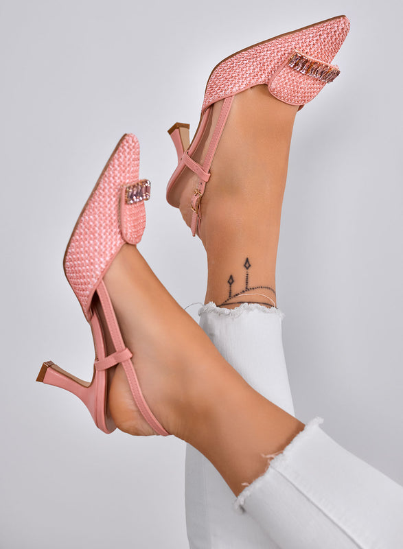 RUSH - Pink Slingback Woven Pumps with Jewel Embellishment