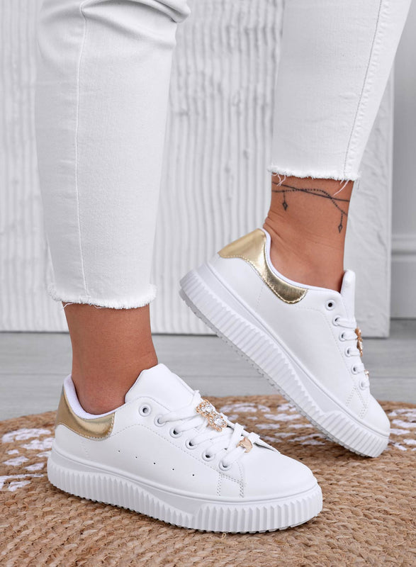 BEVERLY - White sneakers with jeweled bear and gold back