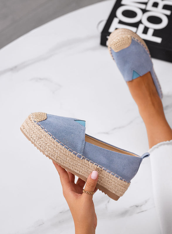 MAGDA - Blue platform espadrilles with crochet toe and rope sole