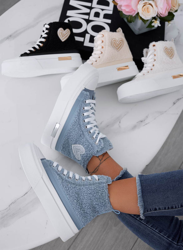 High blue faux fur sneakers with silver heart
