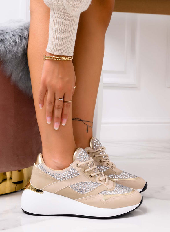 NIVES - Beige sneakers with chunky sole and rhinestones