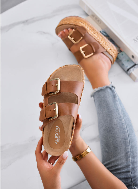 DANIEL – Brown platform slide sandals with double buckle and rope sole