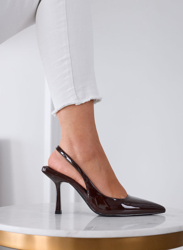 NAOMI - Décolleté Slingback marroni in Vernice a Punta con Tacco