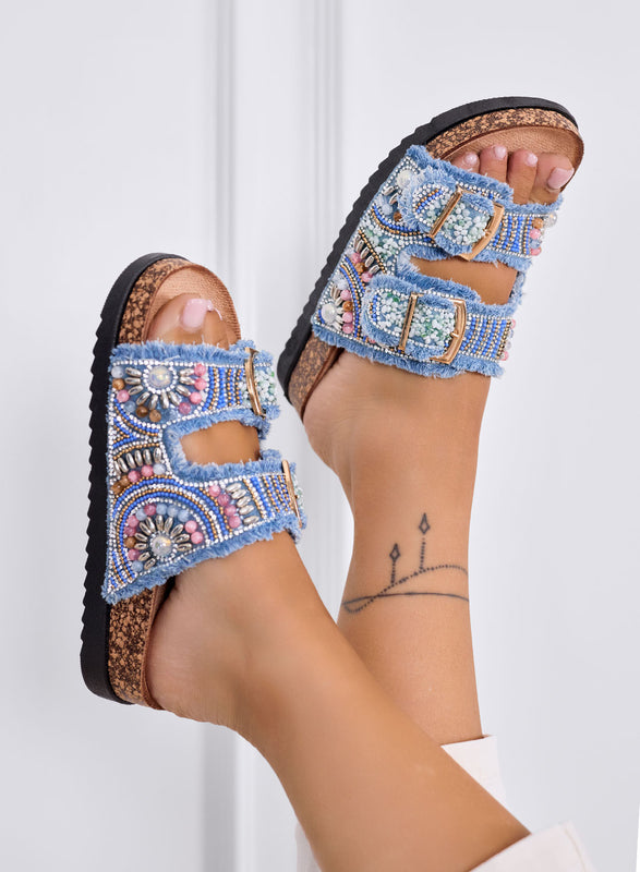 MARGOT - Blue jeweled sandals with double buckle and frayed fabric