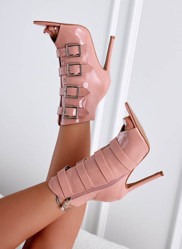 MIRELLA - Nude patent leather ankle boots with buckles and high heels