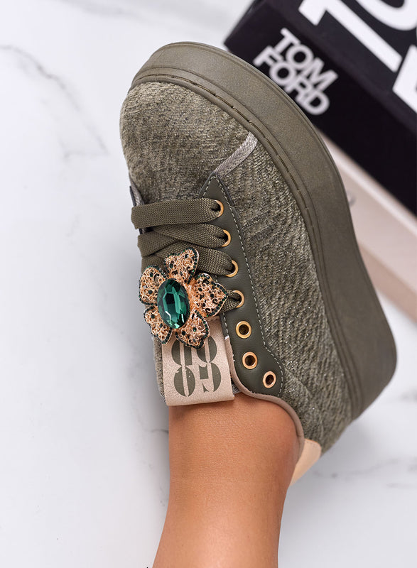 NINFA - Green platform sneakers in laminated fabric with jewel embellishment