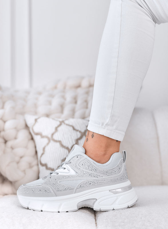 MARTINA - Gray Sneakers with Rhinestones and Chunky Platform Sole