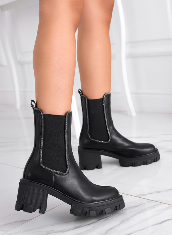 ATHENA - Alexoo black ankle boots with elastic and rhinestones