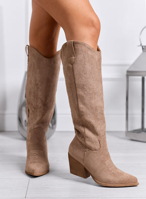 FIORELLA - Mud-colored Texan boots with western stitching and wide heel