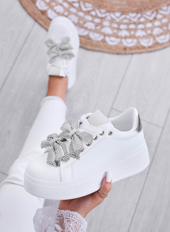 DEZZY - White sneakers with silver rhinestone bows