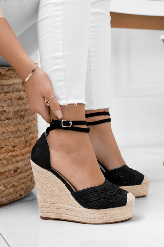 RORY - Black embroidered espadrilles with wedge